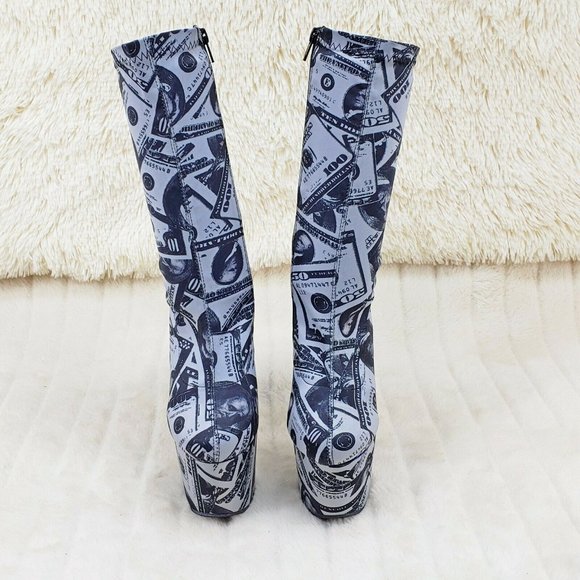 Dollar Money Print 7" High Heel Stretch Sock Platform Ankle Boots Adore 1002 - Picture 3 of 12